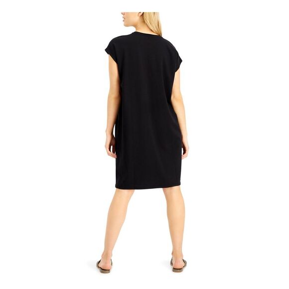 EILEEN FISHER Womens Black Cap Sleeve Crew Neck Knee Length Shift Dress S - Picture 2 of 4